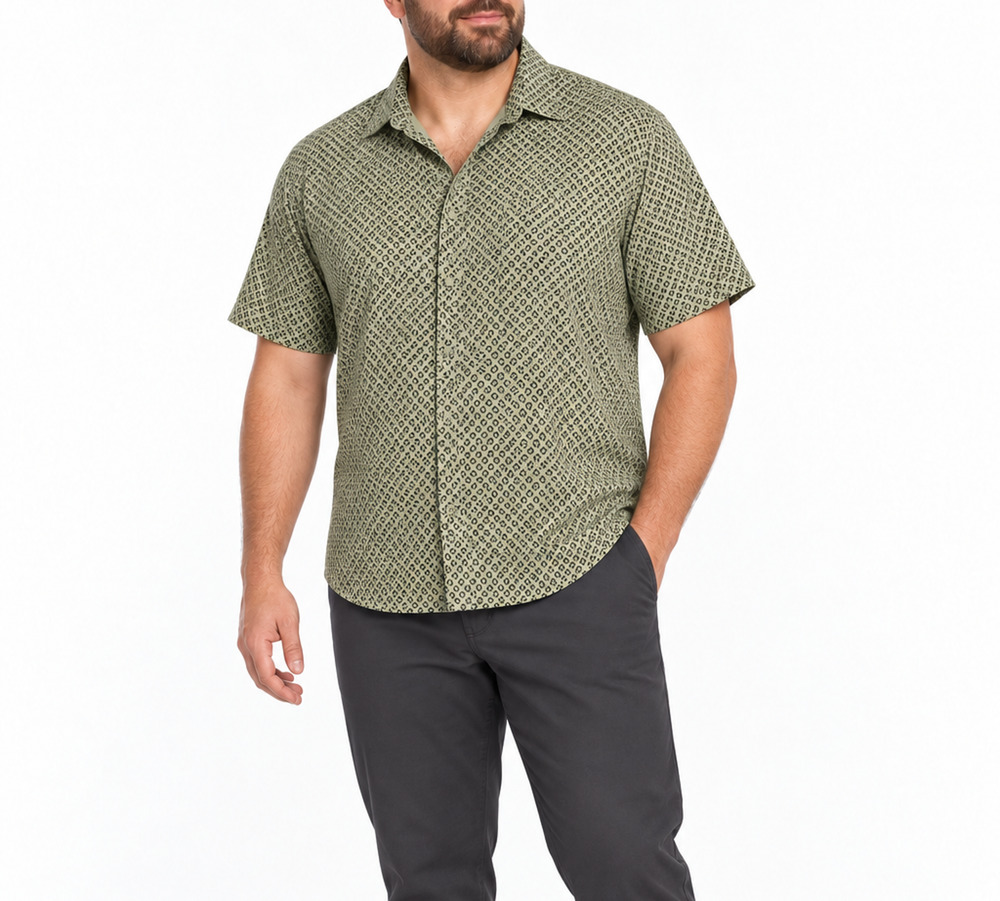 Lululemon Mens Airing Easy Green Geometric Button Shirt Est Size Relaxed 2XL